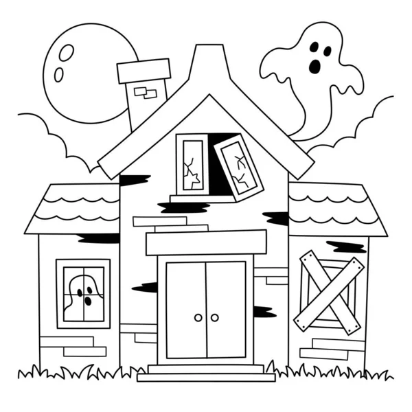 Casa assombrada Halloween Colorir página para crianças —  Vetores de Stock