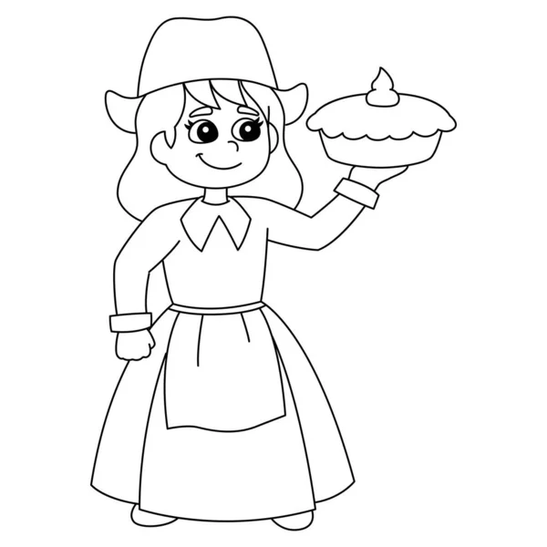 Девушка-пилигрим держит пирог в изоляции на День Благодарения — стоковый вектор