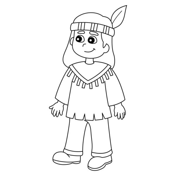 Thanksgiving Pilgrim Native Boy Isolated Coloring Page — Vector de stock