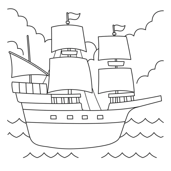 Página para colorear de barco de peregrino de acción de gracias para niños — Vector de stock
