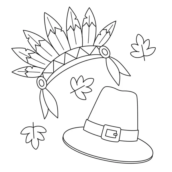 Thanksgiving Indian Headdress Pilgrim Hat Coloring — Stock Vector