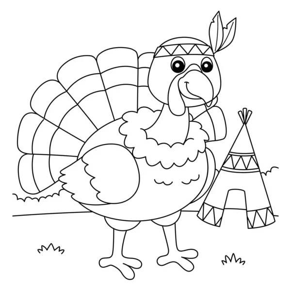 Thanksgiving Turkey With Indian Headdress Coloring — Stockvektor