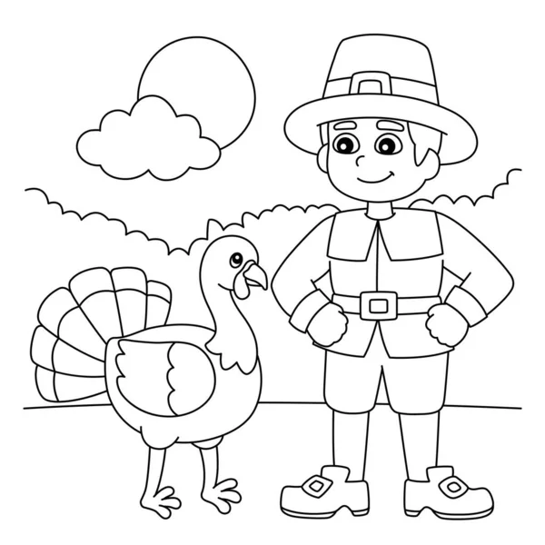 Thanksgiving Pilgrim Boy With Turkey Coloring Page — Vector de stock