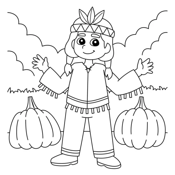 Thanksgiving Native American Pumpkin Boy Coloring —  Vetores de Stock