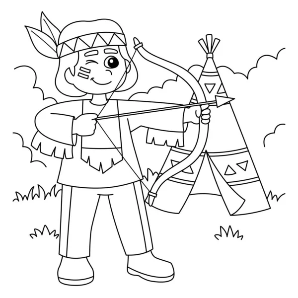 Native American Holding A Bow Coloring Page — стоковый вектор