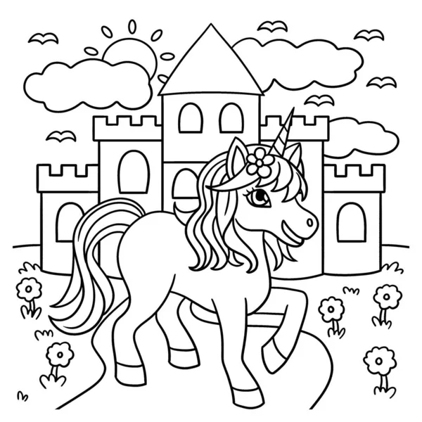 Halaman Pewarnaan Unicorn Castle untuk Anak-anak - Stok Vektor