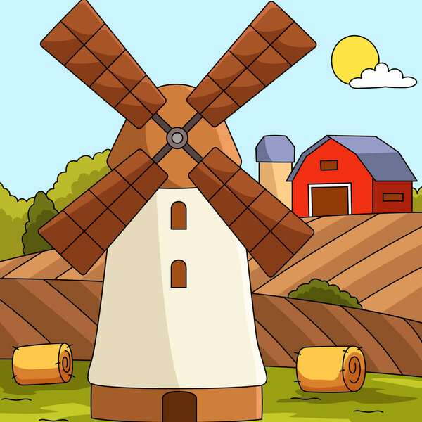 Windmill Colored Cartoon Farm Illustration