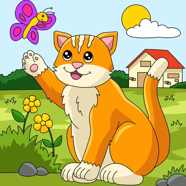 Γάτα έγχρωμη εικονογράφηση αγρόκτημα κινουμένων σχεδίων — Διανυσματικό Αρχείο