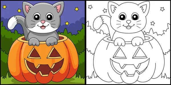 Kürbis Katze Halloween Malseite Illustration — Stockvektor