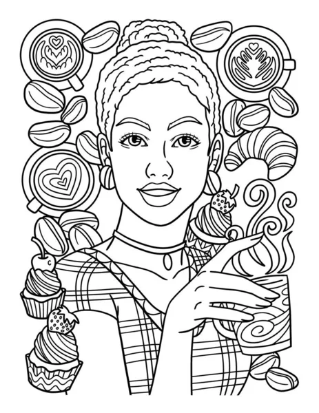 Afro American Woman Drinking Coffee Adult Coloring — Vetor de Stock