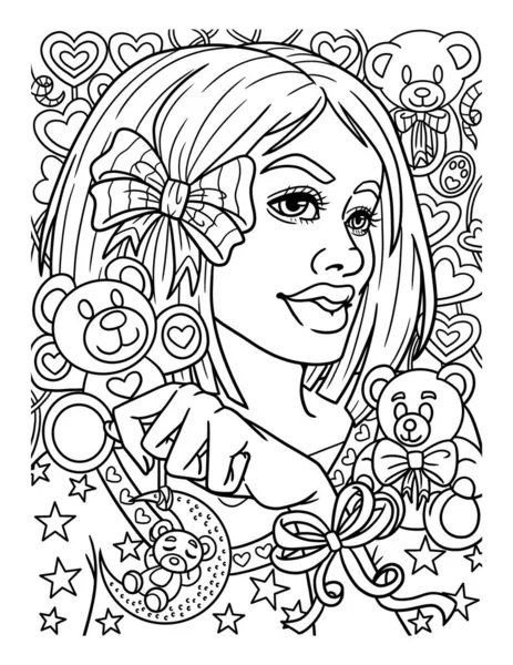 Afro American Woman With Toy Bear Adult Coloring — Vetor de Stock