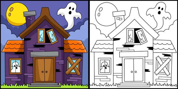 Casa embrujada Halloween Página para colorear Ilustración — Vector de stock