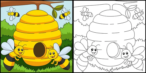 Bees Coloring Page Colored Illustration — ストックベクタ