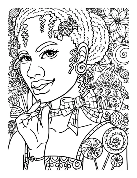 Afro American Woman Candy Adult Coloring — Stok Vektör