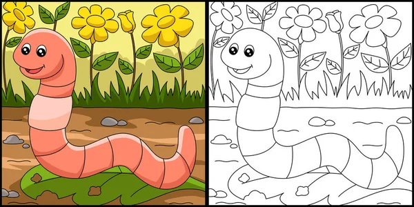 Worm Coloring Page Colored Illustration — Archivo Imágenes Vectoriales