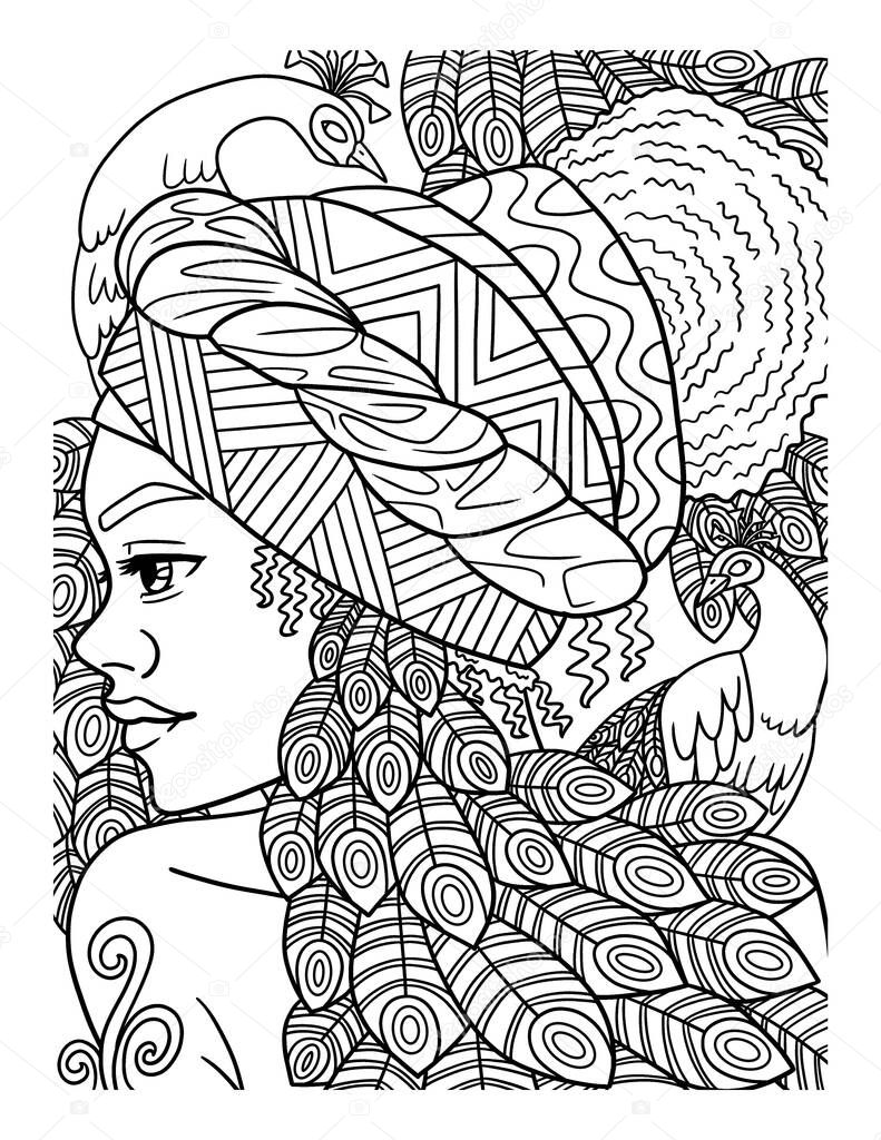 Afro American Woman With Bird Adult Coloring Page 
