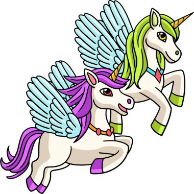 Uçan Tekboynuzlar Çizgi Film Renkli Clipart