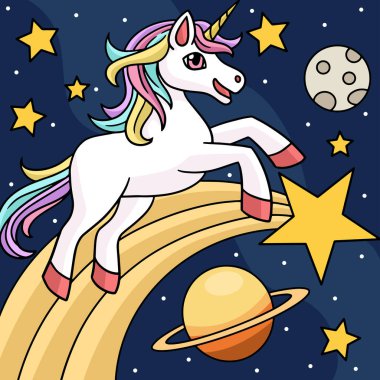 Unicorn Uzay Çizgi Filmi Renkli Çizim