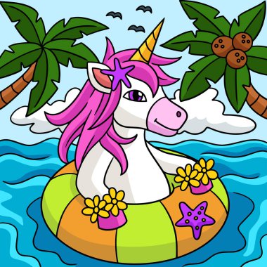 Tek Boynuzlu At Okyanus Renkli Çizgi Film Çizimi