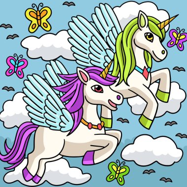 Uçan Tekboynuzlar Renkli Çizgi Film İllüstrasyonu