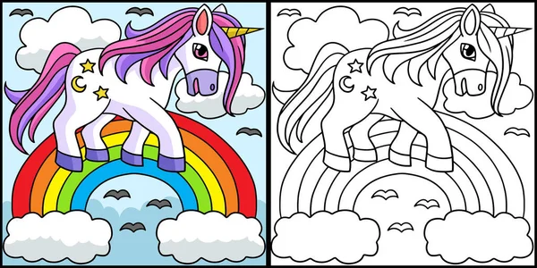 Unicorn Walking Over The Rainbow Illustration - Stok Vektor