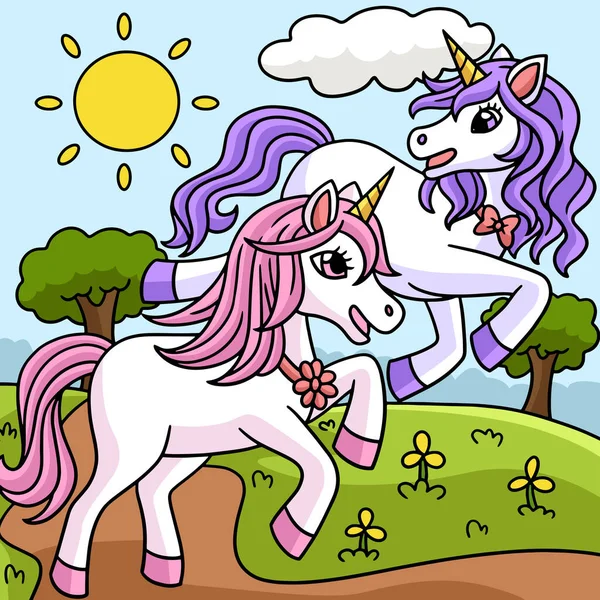 Unicorn Dengan Ilustrasi Kartun Berwarna Sahabat - Stok Vektor