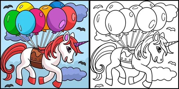 Unicorn Mengambang Dengan Ilustrasi Balon - Stok Vektor