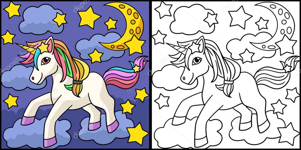 Unicorn With Cloud Star Moon Colored Illustration