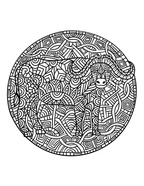 Cape Buffalo Mandala Coloring Pages for Adults — Stockový vektor