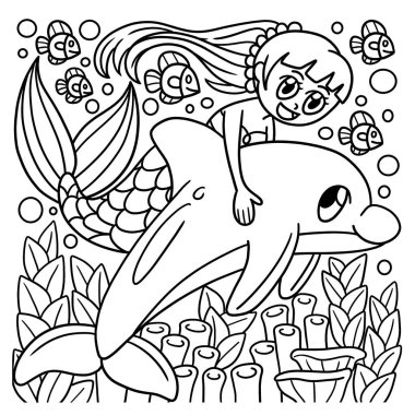 Çocuklar için Yunus Boyama Sayfasında Binen Denizkızı