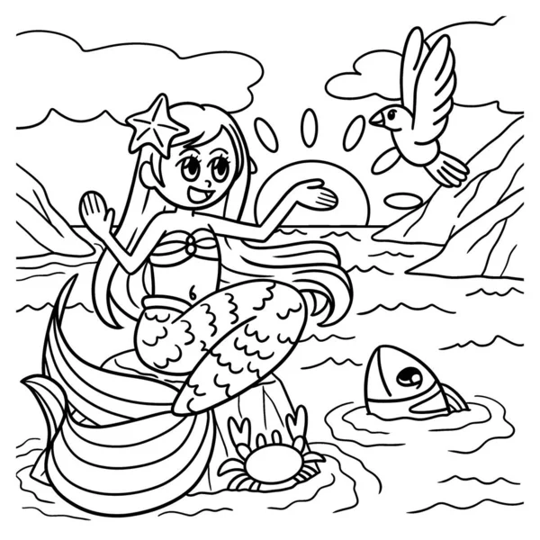 Mermaid Sitting On A Rock Coloring Page for Kids — Stock Vector