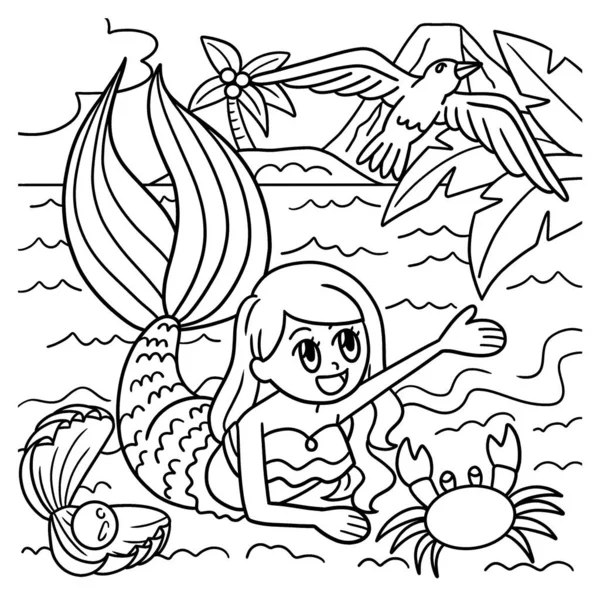Mermaid On The Beach Coloring Page for Kids — Stock Vector