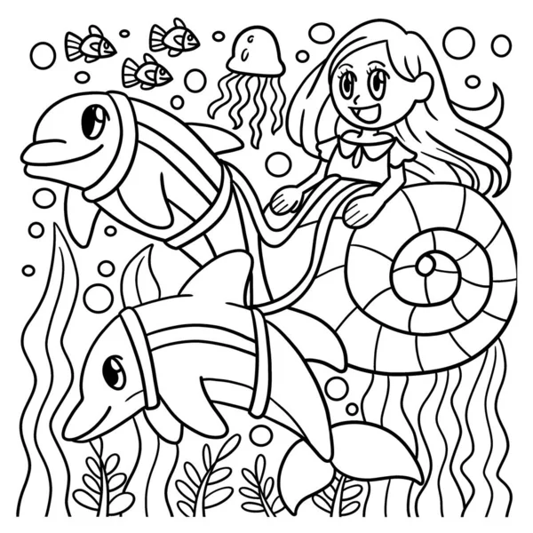 Meerjungfrau Reiten in einer Muschel Kutsche Färbung — Stockvektor