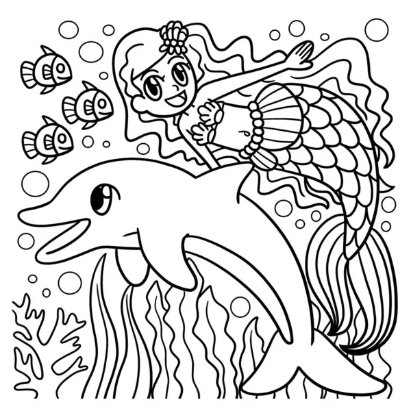 Swimming Mermaid And Dolphin Coloring Page — Vettoriale Stock