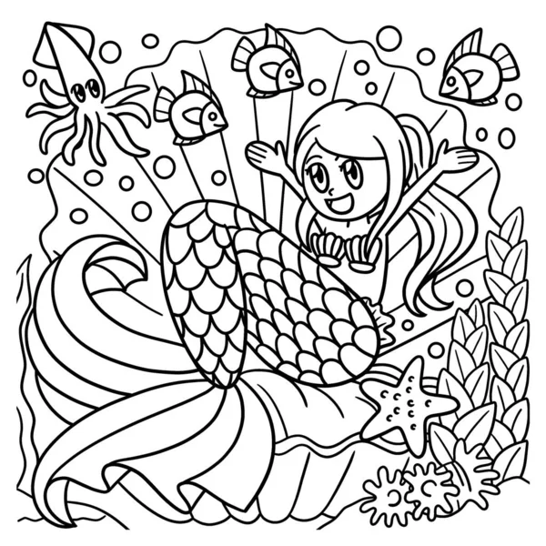 Mermaid Sitting in a Giant Shell Coloring Page — ストックベクタ