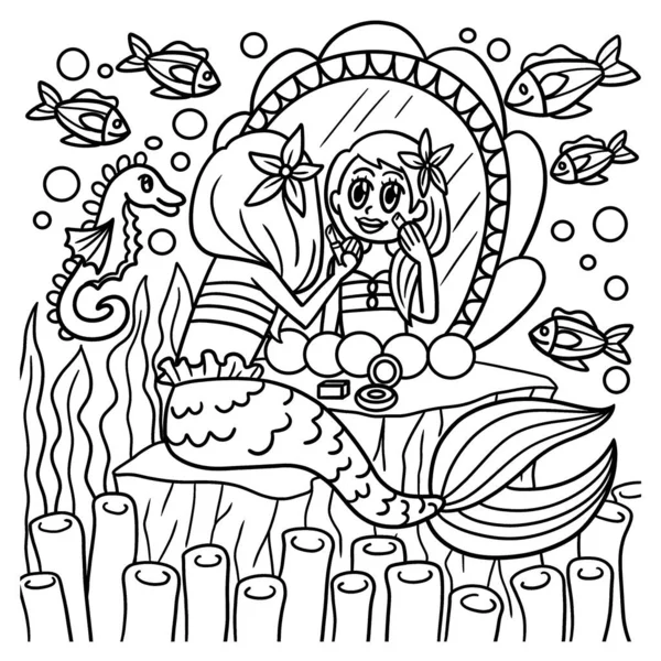 Mermaid Sitting In Front Of A Mirror Coloring Page — Stock Vector