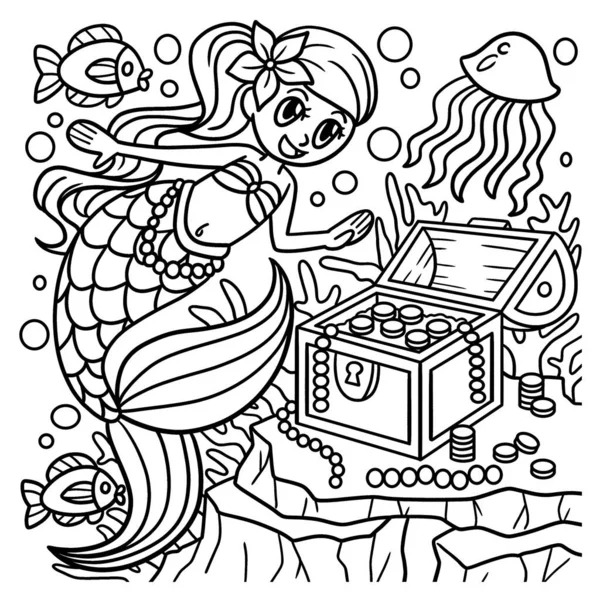 Sirena con scatola del tesoro da colorare Pagina — Vettoriale Stock