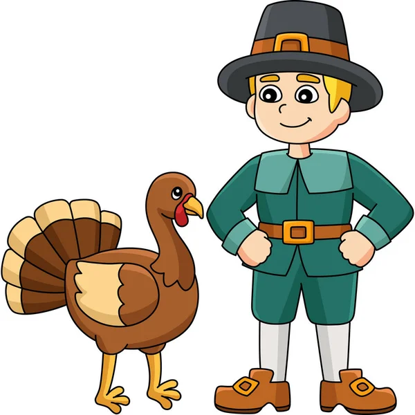 Thanksgiving Pilgrim Boy Turkey Cartoon Clipart — Stock Vector