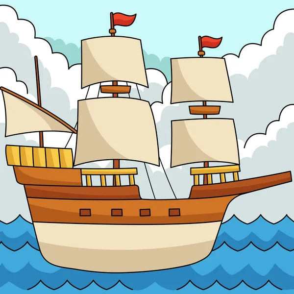 Şükran Günü Pilgrim Teknesi Çizgi Filmi Çizimi — Stok Vektör