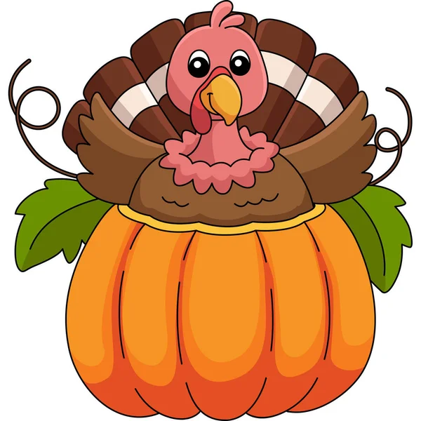 Thanksgiving Turkey Inside Pumpkin Cartoon Clipart — Stock Vector
