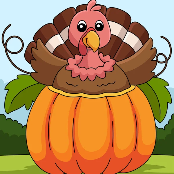 Thanksgiving Turkey Inside Pumpkin Illustration — Stock Vector