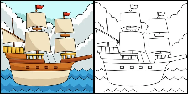Ημέρα των Ευχαριστιών Προσκυνητής βάρκα χρωματισμός εικονογράφηση — Διανυσματικό Αρχείο