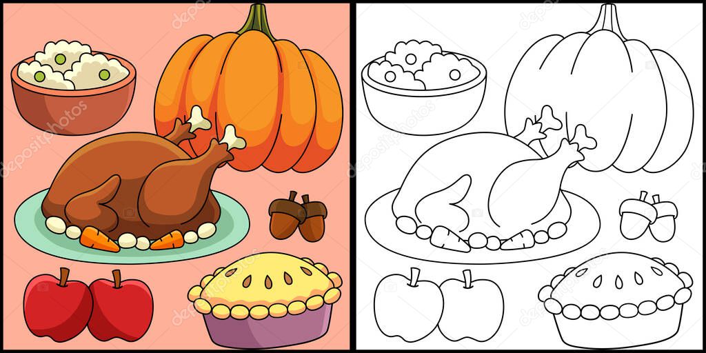 Thanksgiving Feast Coloring Page Illustration