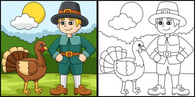 Şükran Günü Pilgrim Boy with Turkey Illustration