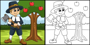 Şükran Günü Seyyah Çocuk Baltayı Tutarken İllüstrasyon