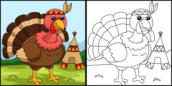 Thanksgiving Turkey Indian Headdress Illustration — Stock Vector