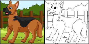 Bu renkli sayfa bir Alman çoban köpeğini gösteriyor. Bu illüstrasyonun bir tarafı renkli ve çocuklar için bir ilham kaynağı..