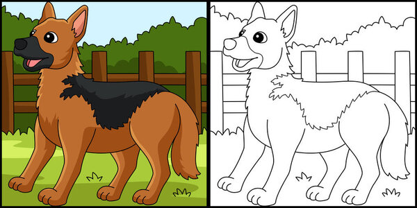 This coloring page shows a German Shepherd. One side of this illustration is colored and serves as an inspiration for children.