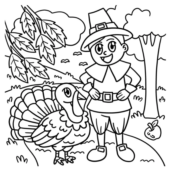 Cute Funny Coloring Page Pilgrim Boy Turkey Provides Hours Coloring — Stock Vector