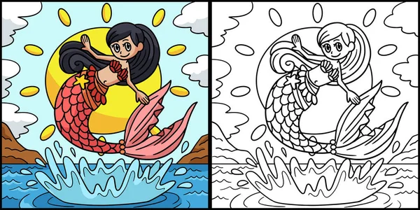 Coloring Page Shows Jumping Mermaid One Side Illustration Colored Serves — Stock Vector